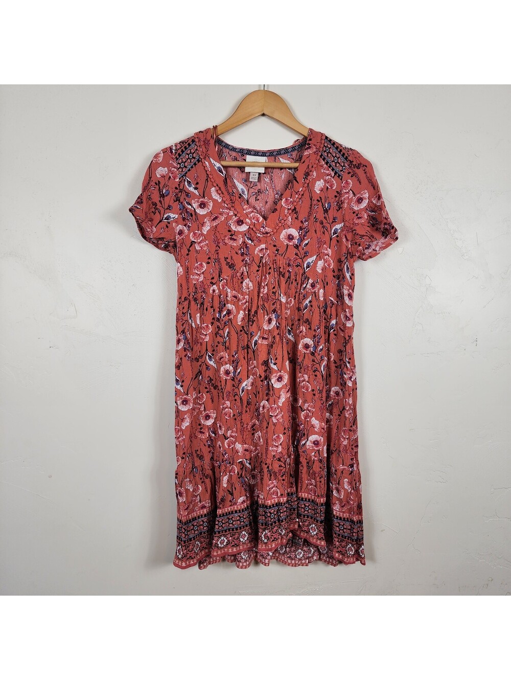 Knox Rose Pink Coral Floral Boho Short Sleeve Mini Dress V Neck Tiered XS